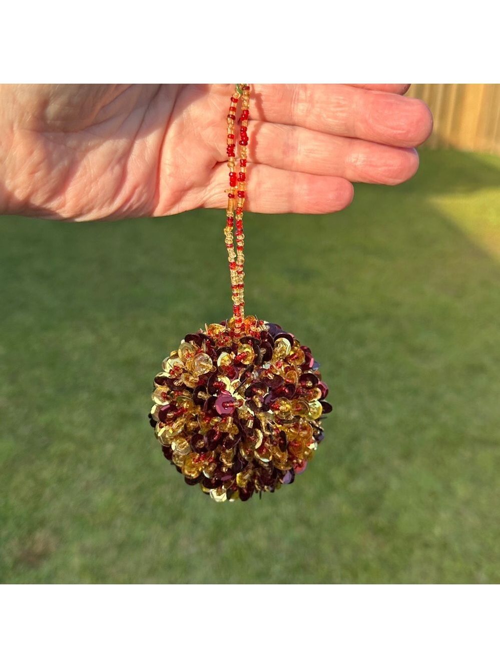 Vintage Handmade Festive Wine and Gold Push Pin Sequin & Beaded Satin Ornament